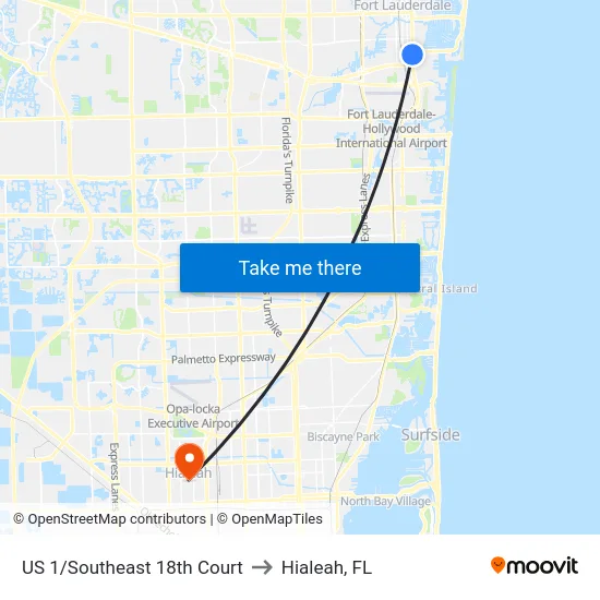 US 1/Southeast 18th Court to Hialeah, FL map
