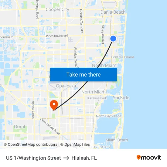 US 1/Washington Street to Hialeah, FL map