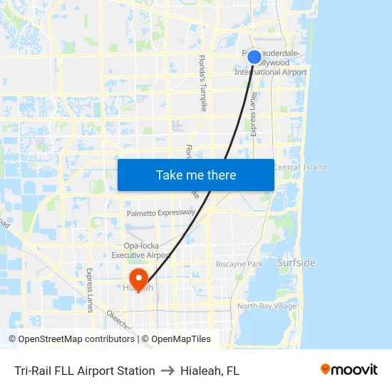 Tri-Rail FLL Airport Station to Hialeah, FL map