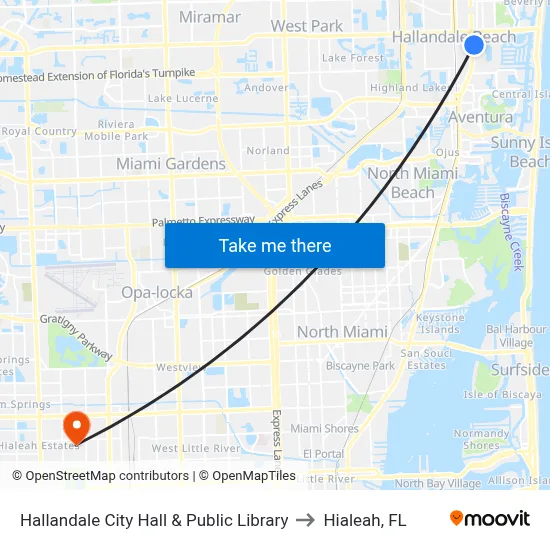 Hallandale City Hall & Public Library to Hialeah, FL map