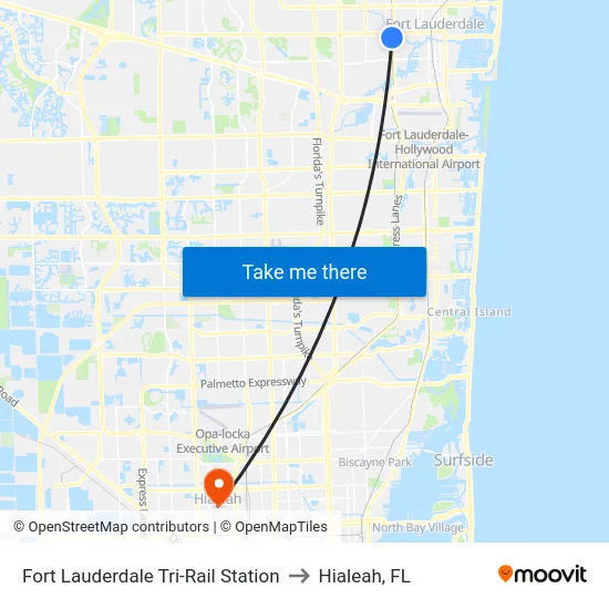 Fort Lauderdale Tri-Rail Station to Hialeah, FL map