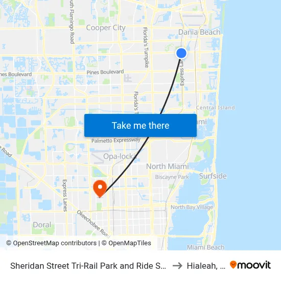 Sheridan Street Tri-Rail Park and Ride Station to Hialeah, FL map