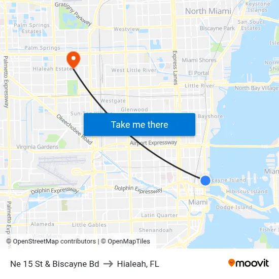Ne 15 St & Biscayne Bd to Hialeah, FL map
