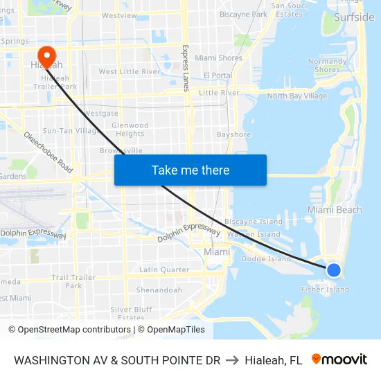Washington Av & South Pointe Dr to Hialeah, FL map