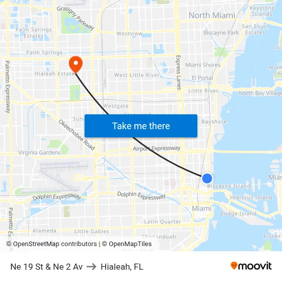 Ne 19 St & Ne 2 Av to Hialeah, FL map