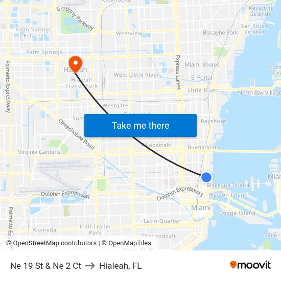 Ne 19 St & Ne 2 Ct to Hialeah, FL map