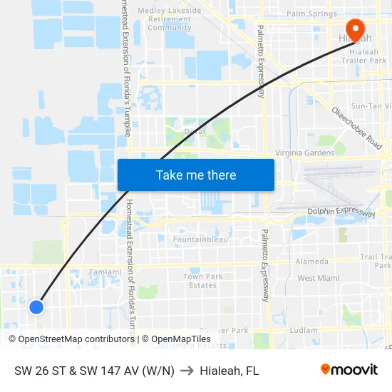 Sw 26 St & Sw 147 Av (W/n) to Hialeah, FL map