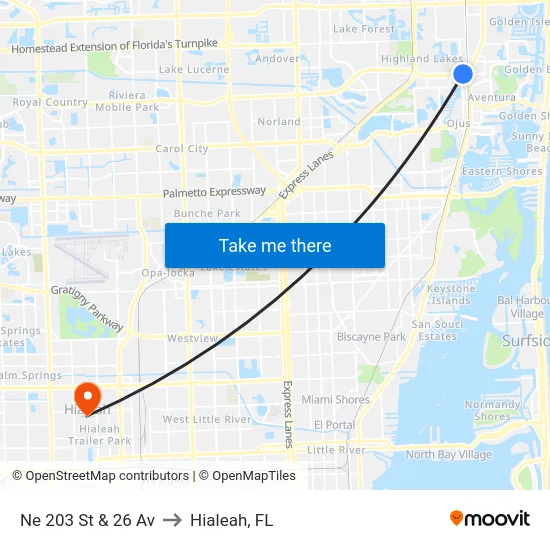 Ne 203 St & 26 Av to Hialeah, FL map
