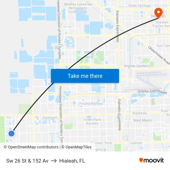 Sw 26 St & 152 Av to Hialeah, FL map