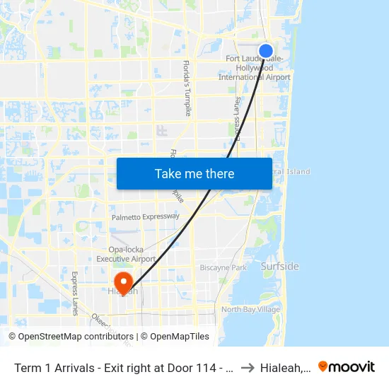 Term 1 Arrivals - Exit right at Door 114 - Zone B to Hialeah, FL map