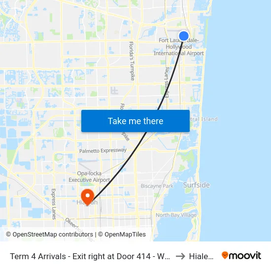 Term 4 Arrivals - Exit right at Door 414 - White Awning - Zone B to Hialeah, FL map
