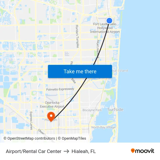 Airport/Rental Car Center to Hialeah, FL map