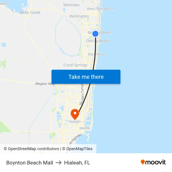 Boynton Beach Mall to Hialeah, FL map