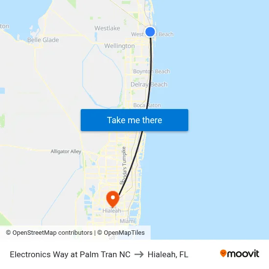 Electronics Way at Palm Tran NC to Hialeah, FL map