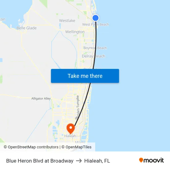 Blue Heron Blvd at Broadway to Hialeah, FL map