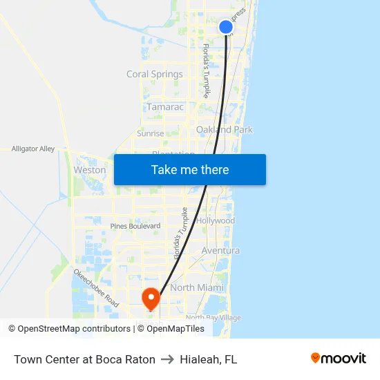 Town Center at Boca Raton to Hialeah, FL map
