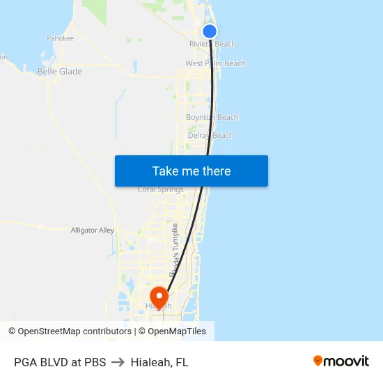 PGA BLVD at PBS to Hialeah, FL map