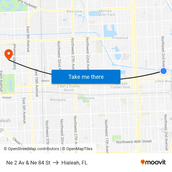 Ne 2 Av & Ne 84 St to Hialeah, FL map