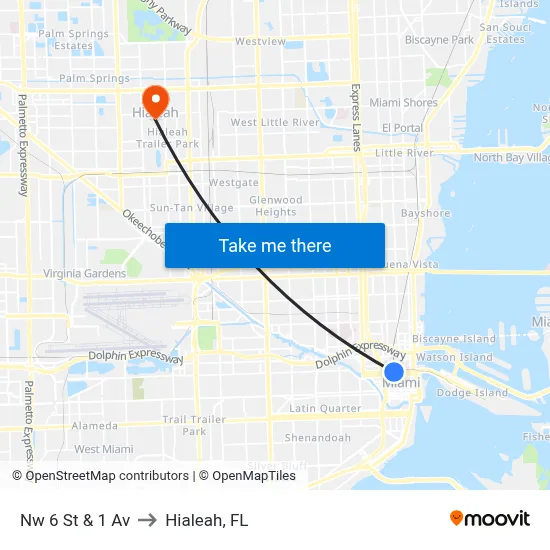 Nw 6 St & 1 Av to Hialeah, FL map