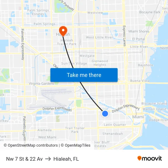 Nw 7 St & 22 Av to Hialeah, FL map