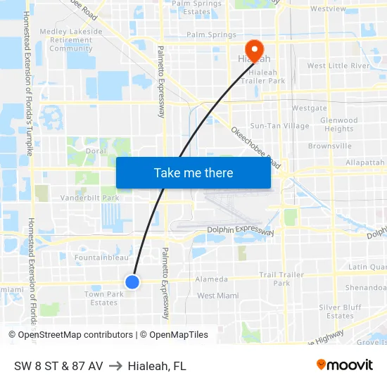 Sw 8 St & 87 Av to Hialeah, FL map