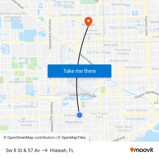 Sw 8 St & 57 Av to Hialeah, FL map