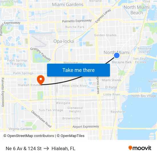 Ne 6 Av & 124 St to Hialeah, FL map