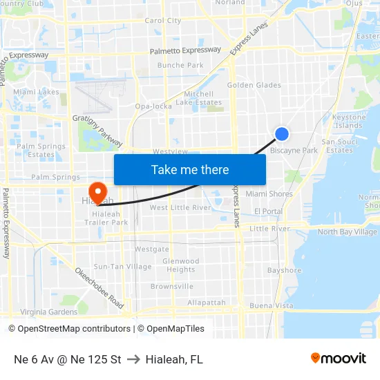 Ne 6 Av @ Ne 125 St to Hialeah, FL map