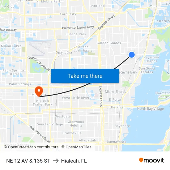 Ne 12 Av & 135 St to Hialeah, FL map