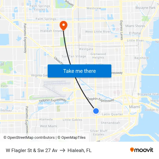 W Flagler St & Sw 27 Av to Hialeah, FL map