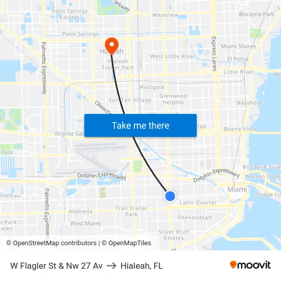 W Flagler St & Nw 27 Av to Hialeah, FL map