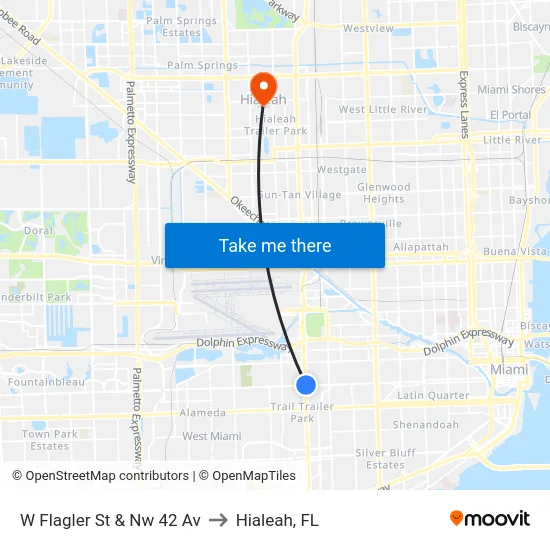 W Flagler St & Nw 42 Av to Hialeah, FL map
