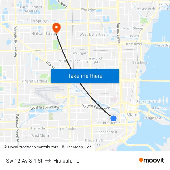 Sw 12 Av & 1 St to Hialeah, FL map