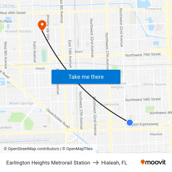 Earlington Heights Metrorail Station to Hialeah, FL map