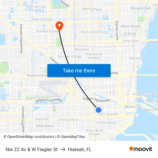 Nw 22 Av & W Flagler St to Hialeah, FL map