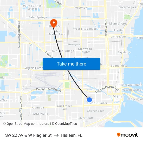 Sw 22 Av & W Flagler St to Hialeah, FL map