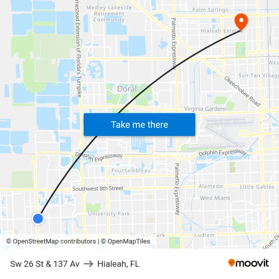Sw 26 St & 137 Av to Hialeah, FL map