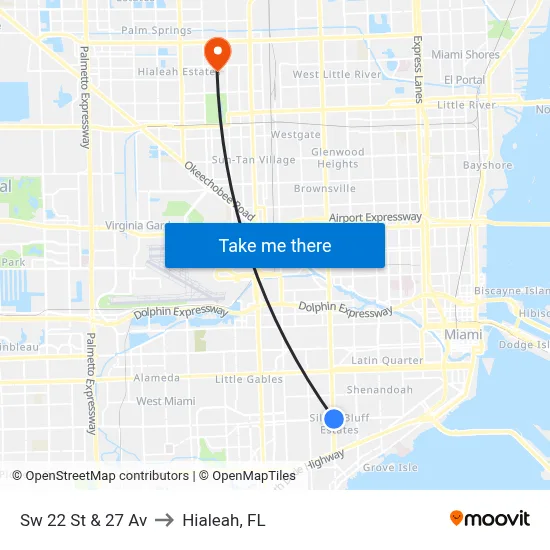 Sw 22 St & 27 Av to Hialeah, FL map