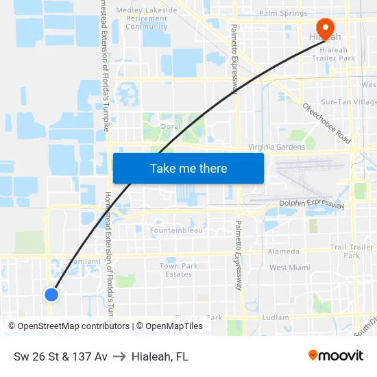 Sw 26 St & 137 Av to Hialeah, FL map