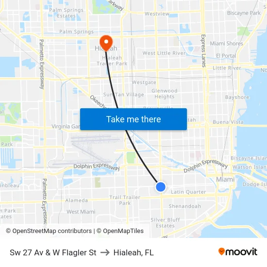 Sw 27 Av & W Flagler St to Hialeah, FL map
