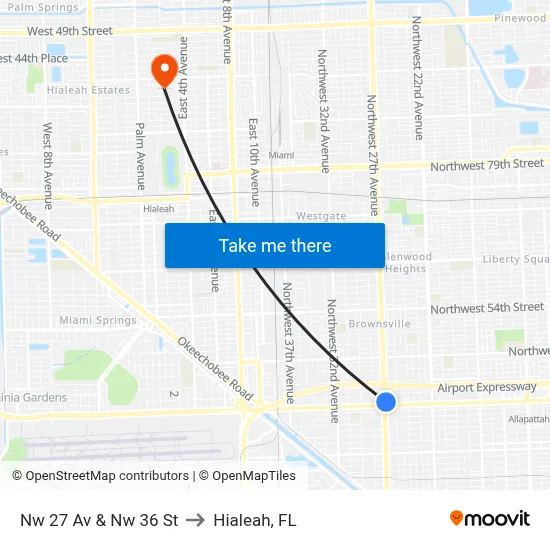 Nw 27 Av & Nw 36 St to Hialeah, FL map