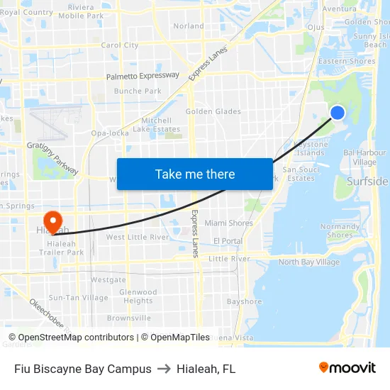 Fiu Biscayne Bay Campus to Hialeah, FL map