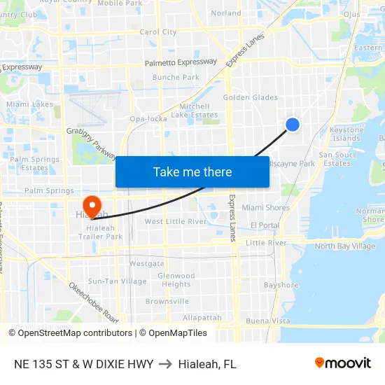 Ne 135 St & W Dixie Hwy to Hialeah, FL map