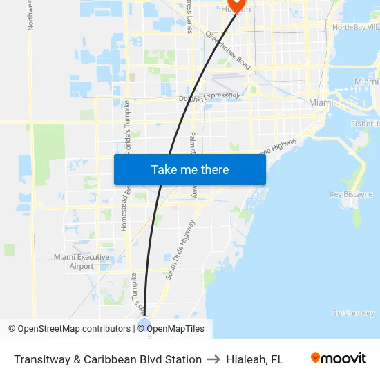 Transitway & Caribbean Blvd Station to Hialeah, FL map