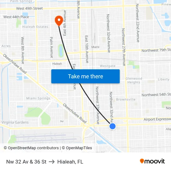 Nw 32 Av & 36 St to Hialeah, FL map