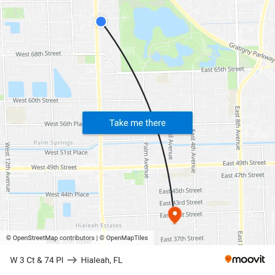 W 3 Ct & 74 Pl to Hialeah, FL map