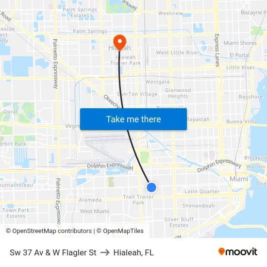 Sw 37 Av & W Flagler St to Hialeah, FL map