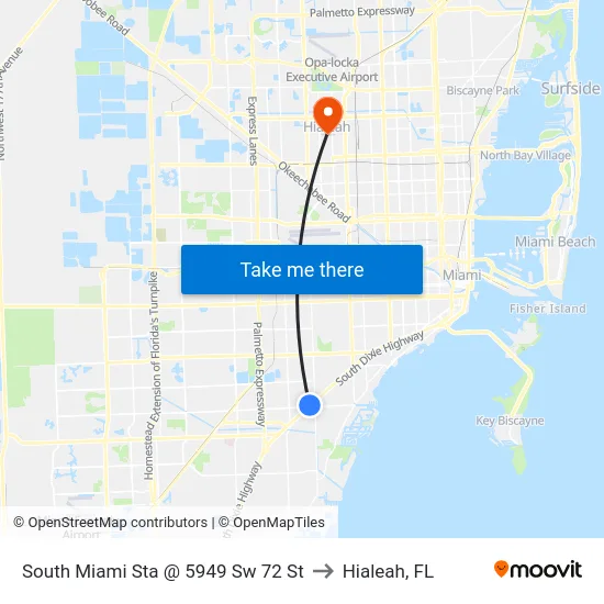 South Miami Sta @ 5949 Sw 72 St to Hialeah, FL map