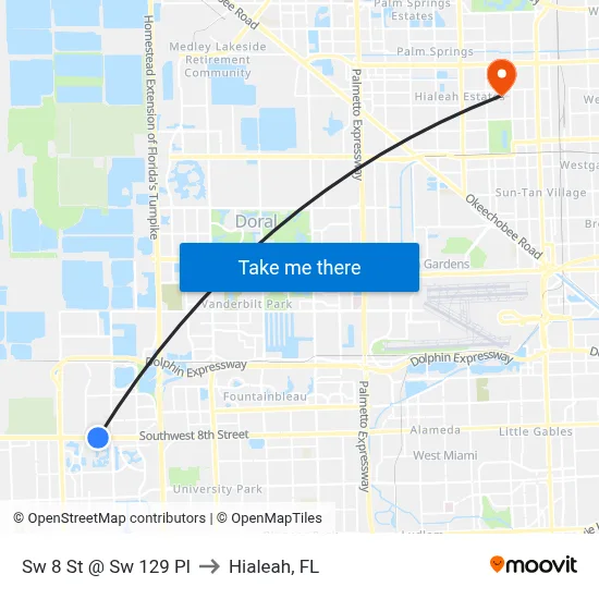 Sw 8 St @ Sw 129 Pl to Hialeah, FL map
