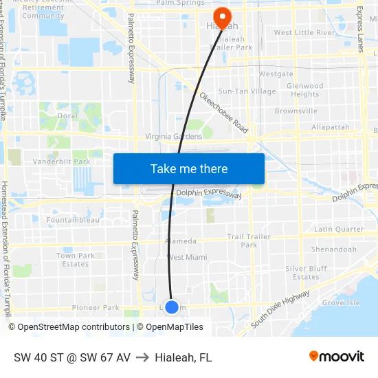 Sw 40 St @ Sw 67 Av to Hialeah, FL map